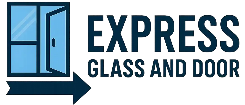 Logo for Express Glass and Door features a blue outlined glass door partially open, with an arrow pointing right underneath. Perfect for FL businesses, the bold blue and black text highlights their commercial glass door repair Pinellas County service.