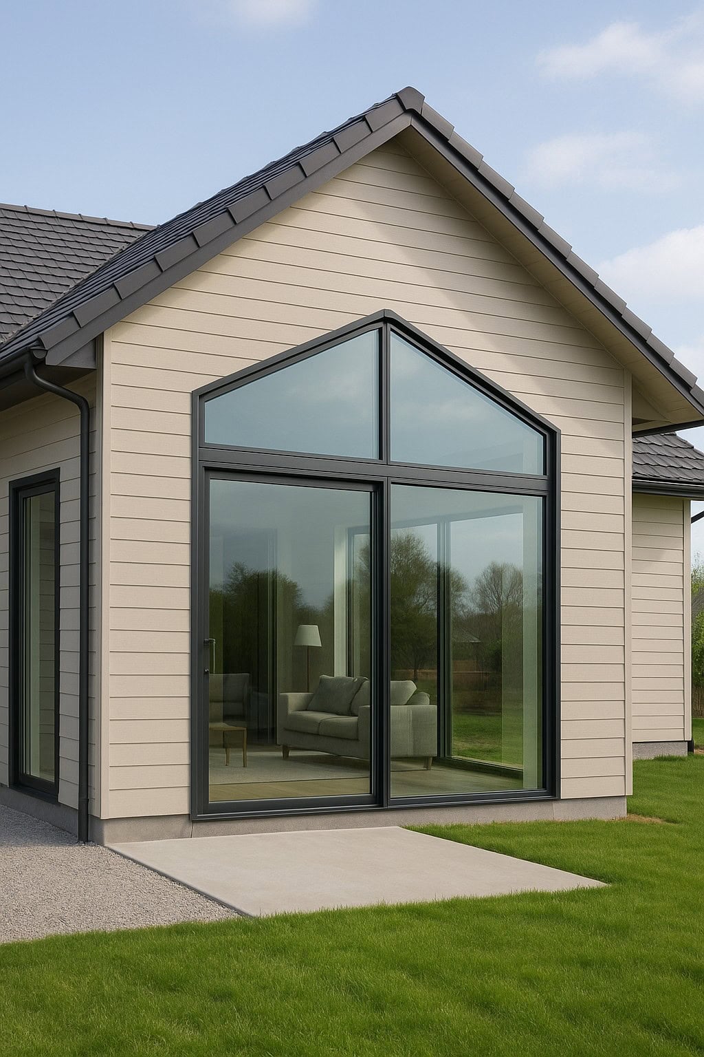 A modern FL house with light beige siding and large triangular and rectangular glass windows, showcasing a bright living room inside. For commercial glass door repair Pinellas County residents trust, this home sits on a green lawn under a partly cloudy sky.