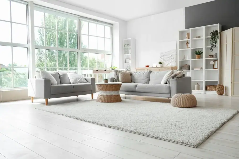 Clear glass window with white frame providing natural sunlight in a modern living room, emphasizing window repair and replacement services.