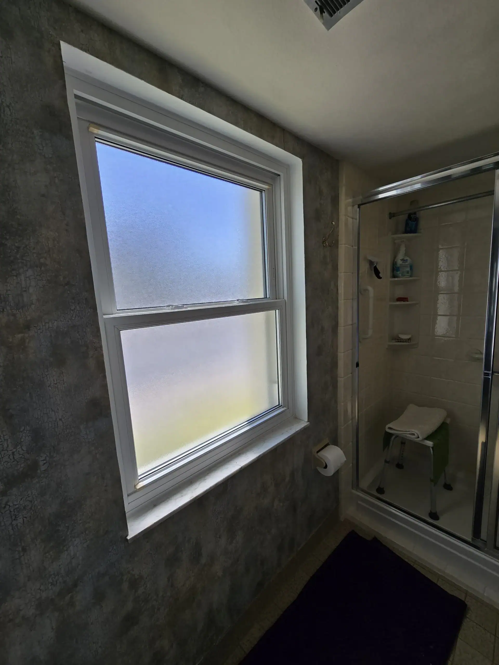 Window with frosted glass for privacy, ideal for bathrooms or entry doors, installed by professional glass repair experts specializing in quick, reliable glass and door replacement.