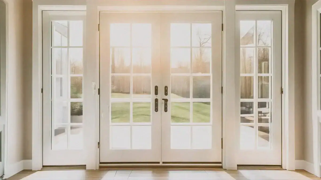 Bright white double glass patio doors with grid panes, allowing natural sunlight to brighten the indoor space. Perfect for home entrances and access to outdoor living areas.